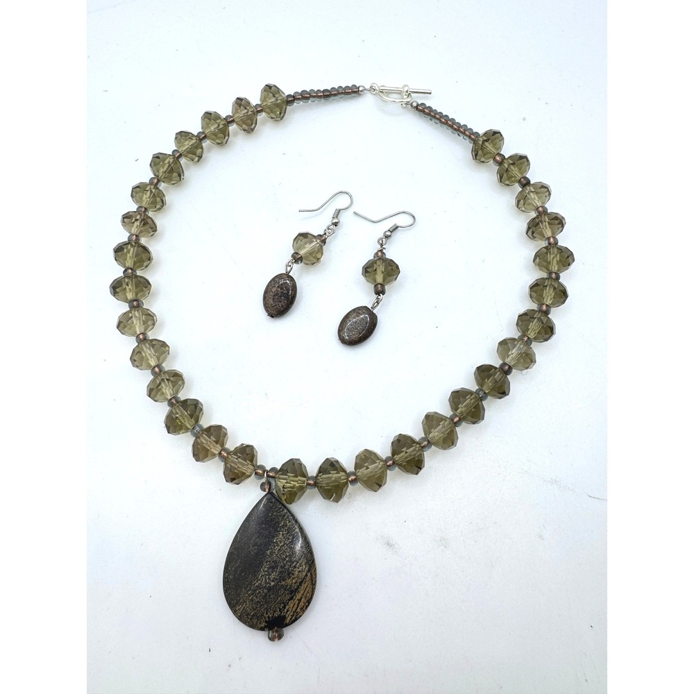 Jasper Teardrop Pendant Necklace and Earring Set Olive Green Glass Beads